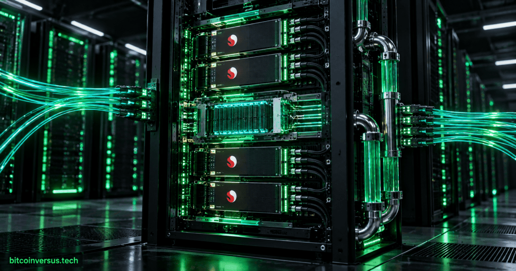 Futuristic AI data center rack with accelerator cards, dense memory hardware, liquid cooling, and high-speed optical links representing Qualcomm Dragonfly's inference-efficiency strategy.