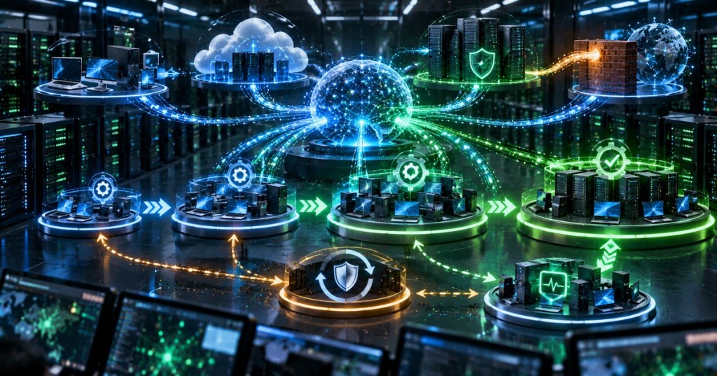 Cybersecurity infrastructure with automated remediation paths across endpoints, cloud systems, servers and perimeter devices.