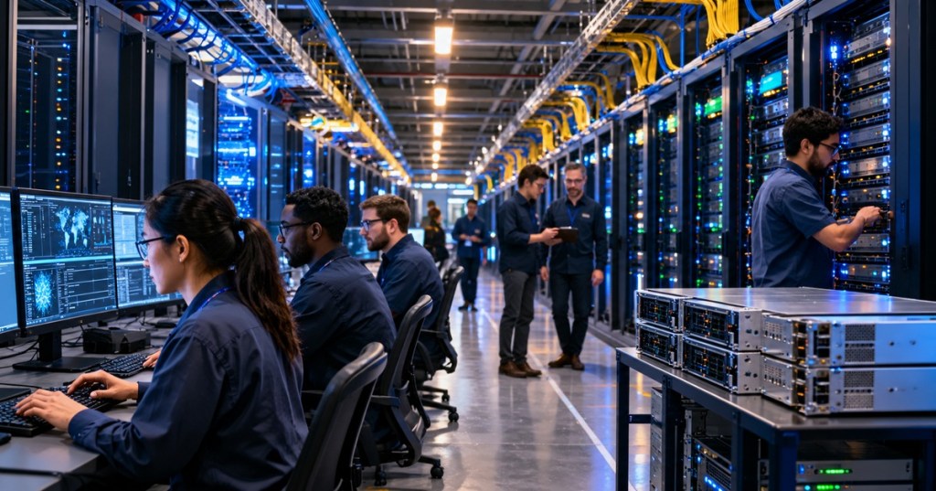 Photorealistic editorial scene inside a modern AI data center with dense GPU server racks, operations staff and inference monitoring dashboards.