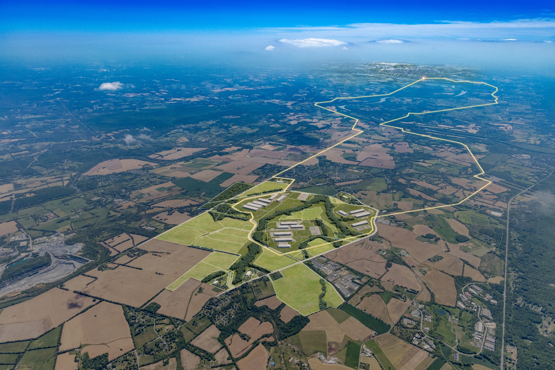 Developer aerial master-site concept of Quantum Frederick former Eastalco redevelopment in farmland with multiple proposed data center footprints