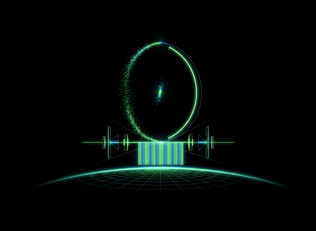 Quantum atom interferometer showing a rubidium wavepacket split into held and freely falling paths that recombine into interference fringes.