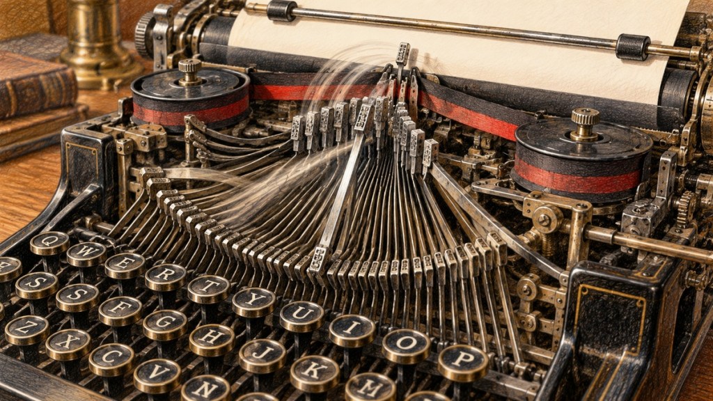 Close-up color-pencil illustration of a vintage mechanical typewriter showing QWERTY keys, typebars, ribbon spools and platen.