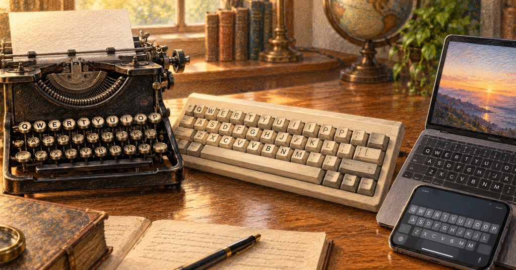 Realistic color-pencil editorial still life showing the QWERTY layout carried from an antique typewriter to a retro computer keyboard, modern laptop and smartphone.