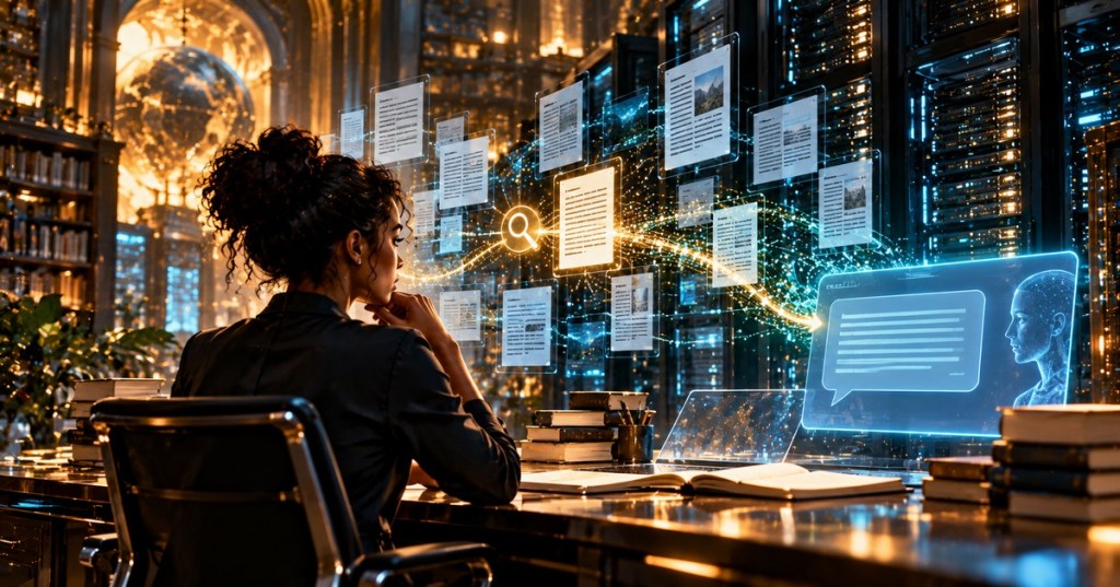 Original editorial illustration of a Black woman studying AI search results in a glowing archive of books, server racks and floating document panels