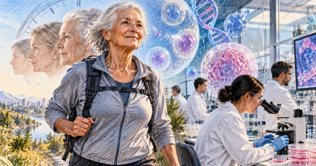 Color-pencil illustration of a healthy older woman beside longevity researchers studying aging in a biotechnology lab.