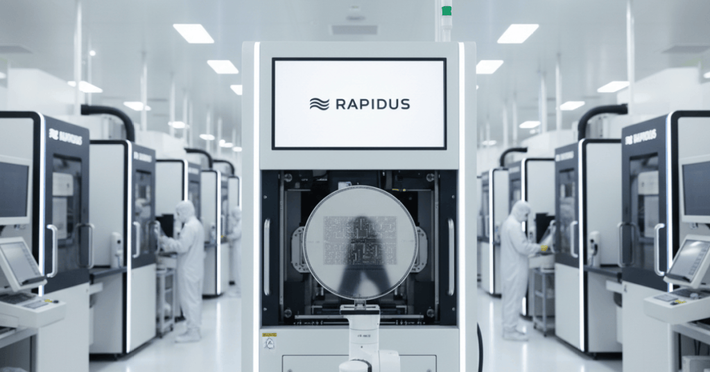 Advanced semiconductor fab with a 300 mm wafer representing Rapidus and Japan's planned 2 nm chip production ecosystem.
