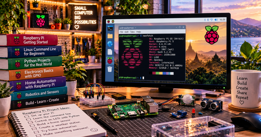 Illustration of Raspberry Pi single board computer and Linux maker desk with sensors