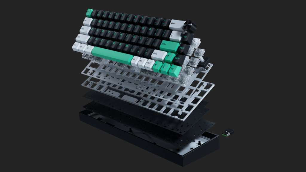 Razer illustration showing layered construction and sound-dampening materials inside the Reclusa Mini 65% keyboard
