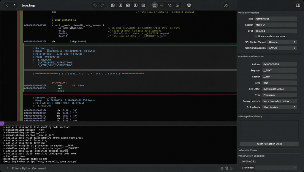REA connected to Hopper while inspecting a native binary