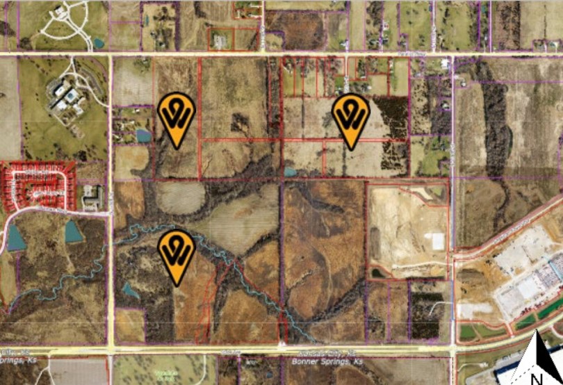 Published aerial parcel map of Red Wolf data center development land northwest of Kansas Speedway, Kansas City, Kansas