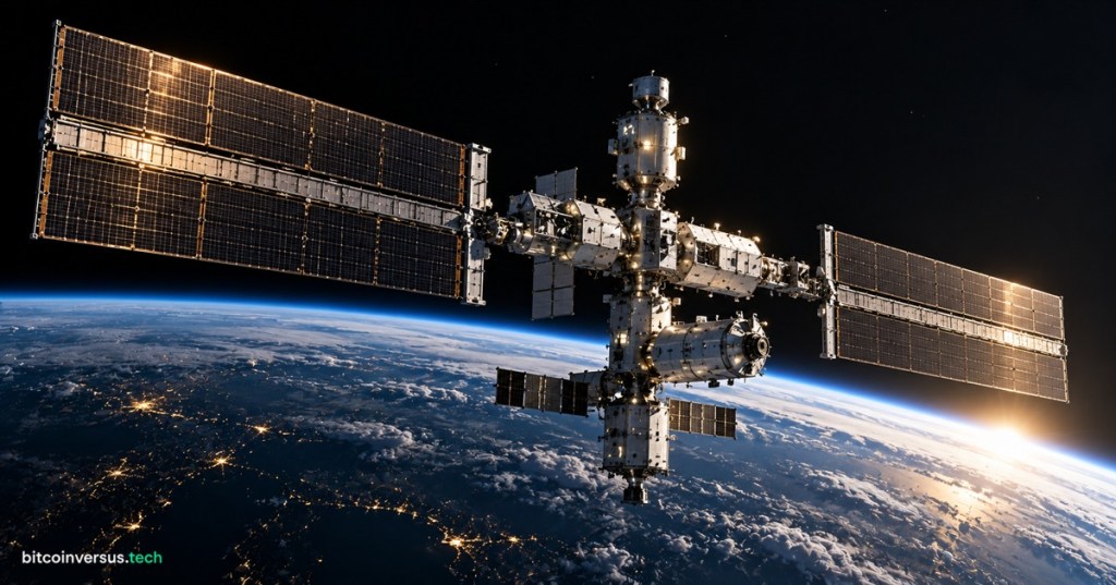 Commercial space station in low Earth orbit with large roll-out solar array wings above Earth