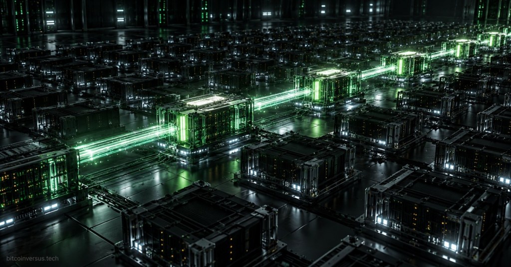 Dark futuristic data center with selected server modules glowing green to illustrate sparse mixture-of-experts AI activation