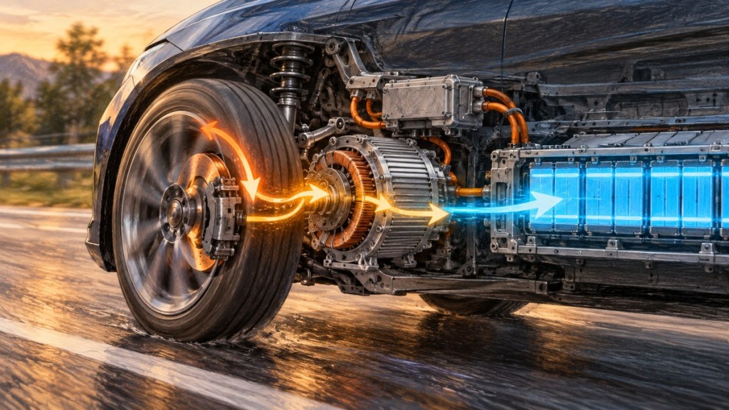 Photorealistic technical cutaway of an electric vehicle showing wheel energy flowing through the motor and inverter into the battery during regenerative braking.
