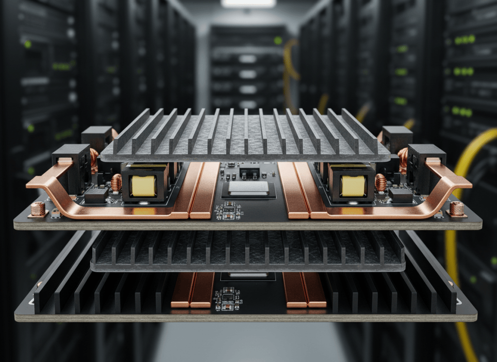 Compact gallium nitride power semiconductor on an AI data center power conversion board with dual-side thermal cooling hardware
