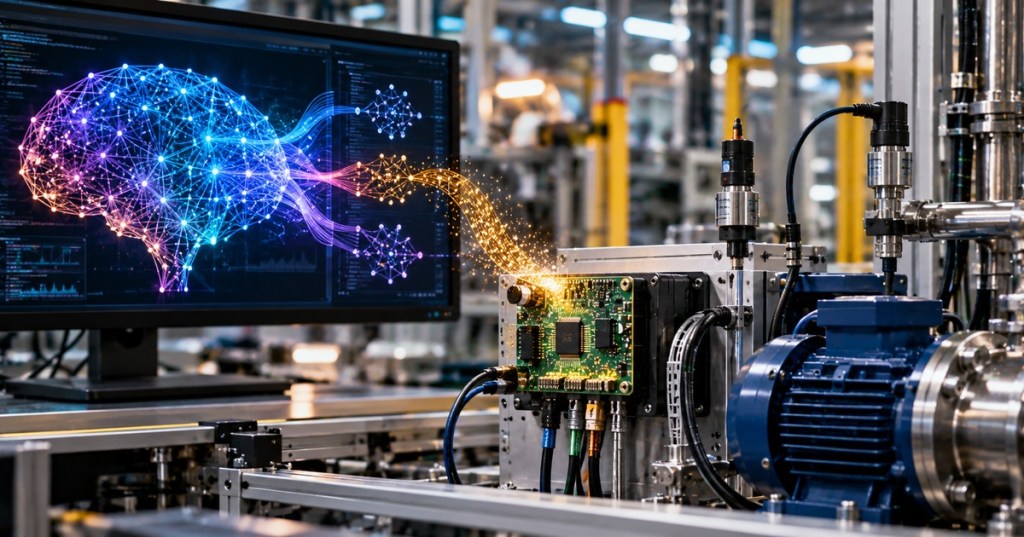 Industrial automation equipment with a local edge controller receiving distilled AI knowledge from a larger development model.