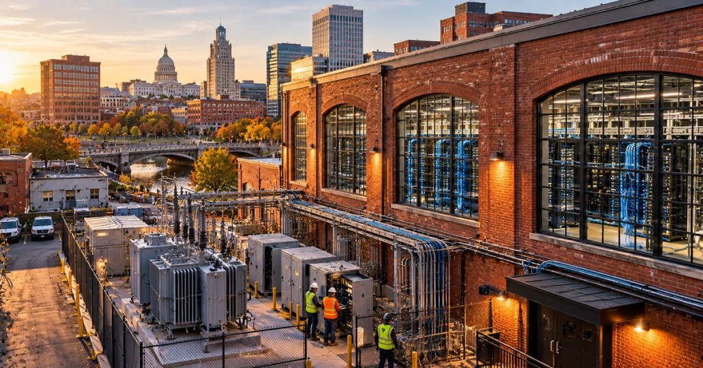 Conceptual realistic editorial rendering of a brick data center, utility equipment and Providence-inspired skyline; not an identifiable operating facility