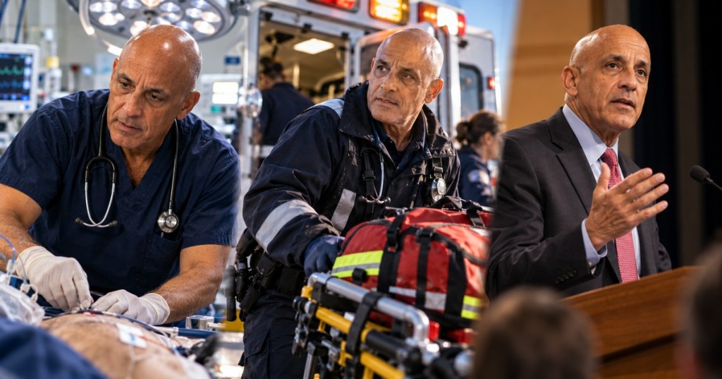 Editorial illustration representing Richard Carmona's career in trauma medicine, emergency response and public health leadership.