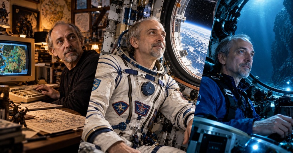 Editorial portrait montage of a game designer, astronaut and deep-sea explorer representing Richard Garriott's career journey.