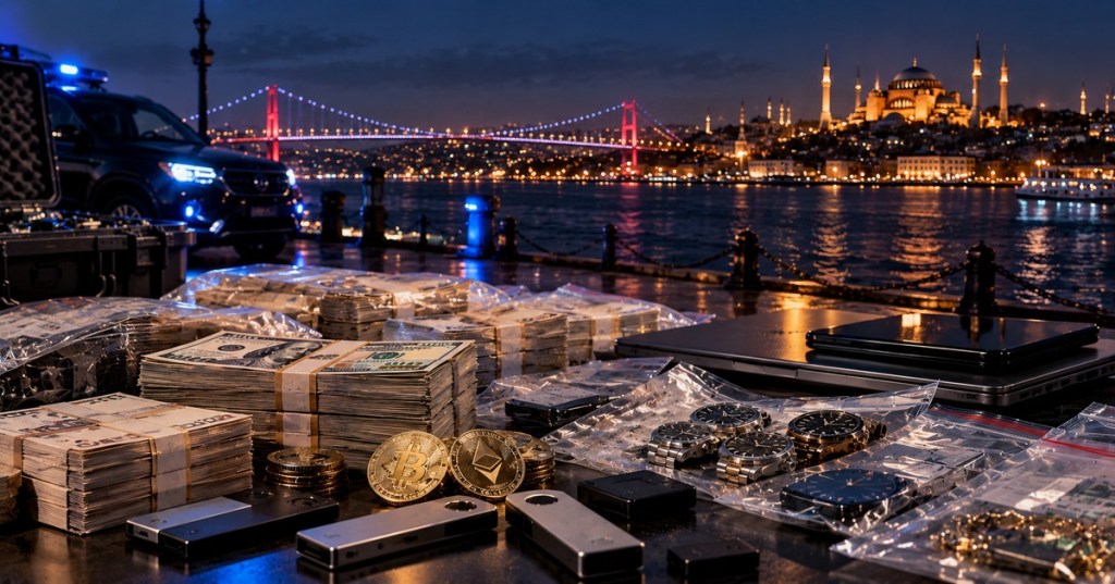 Nighttime Istanbul waterfront with police lights and an evidence table containing cash, electronics, watches, and cryptocurrency-related items.