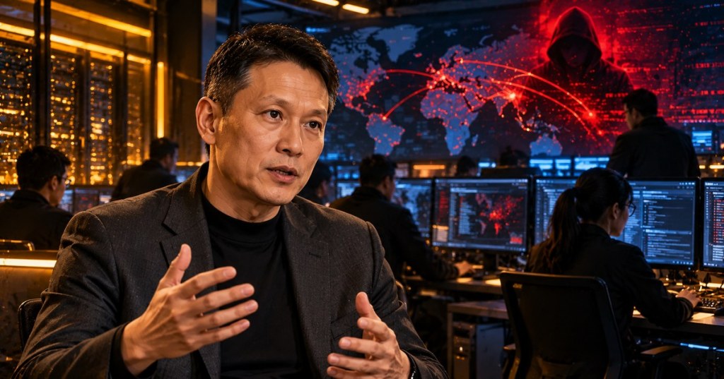 Conceptual editorial illustration of a technology executive speaking inside a security operations center as analysts investigate a cyberattack