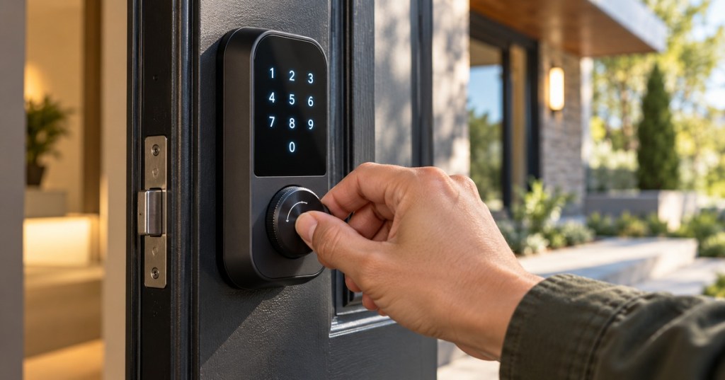 Hand turning a power-generating dial on a smart lock after its battery dies