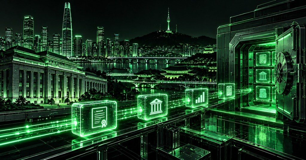 Neon-green technical illustration of tokenized securities moving through regulated Korean capital-market infrastructure into institutional custody.