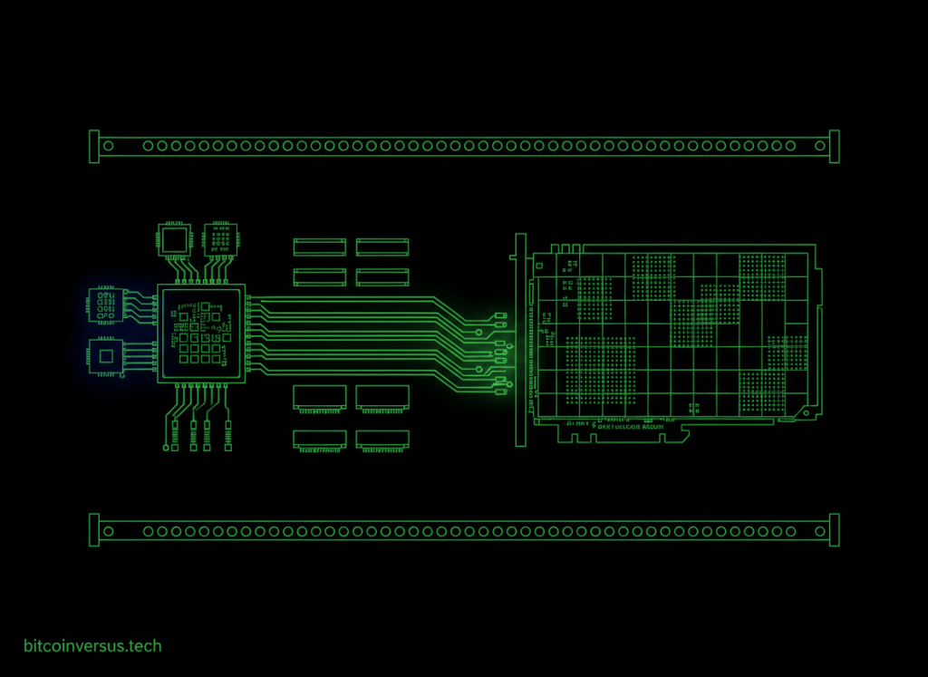 A RISC-V datacenter server architecture connecting CPU cores through PCIe to a GPU accelerator for AI inference.