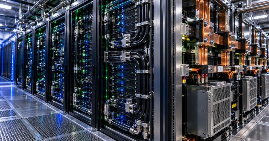 High-density AI data center racks with liquid cooling and high-voltage power distribution hardware