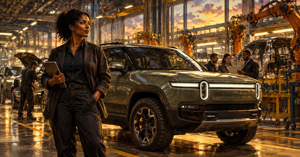 Detailed oil painting illustrating a Black woman automotive engineer beside an electric SUV inside a warm-lit modern assembly plant