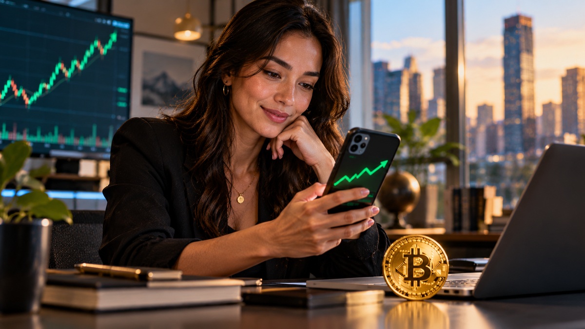 Photorealistic editorial image of a woman reviewing market data on a smartphone beside a Bitcoin coin in a modern finance office.