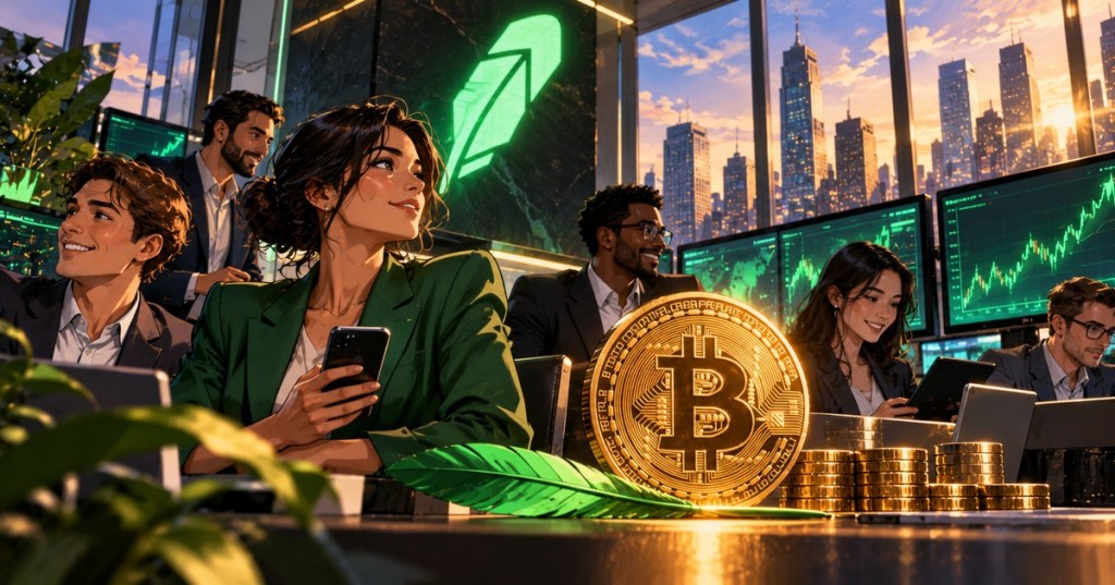 Anime-style editorial image of a diverse finance team in a modern trading office with Bitcoin and Robinhood-inspired green market visuals.