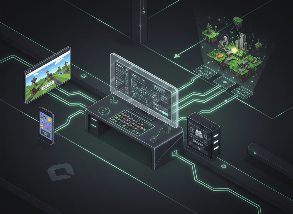 Editorial illustration of Roblox game-engine technology spanning browser play, offline 2D games, standalone apps and AI scene creation.
