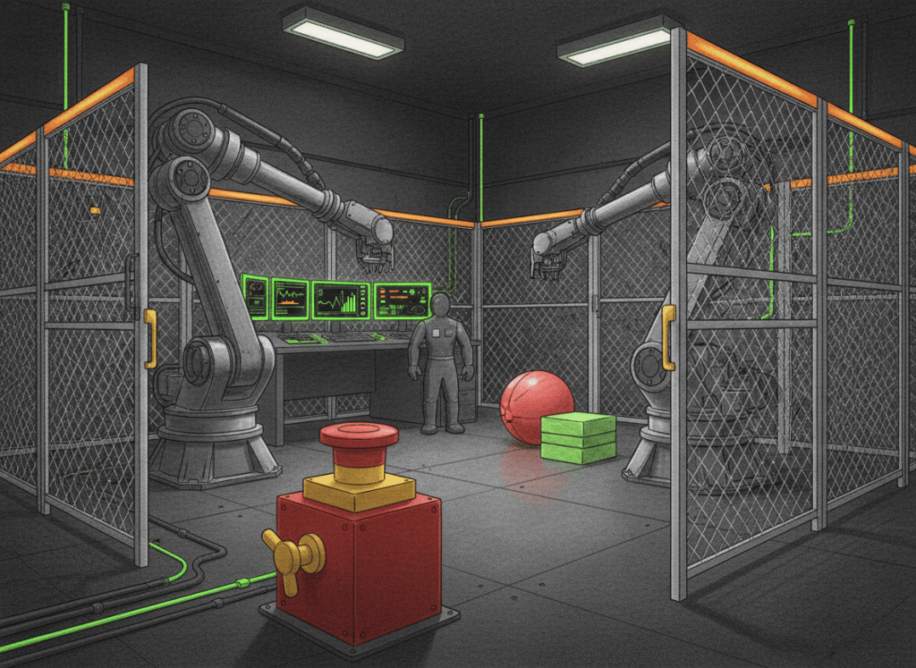 Color-pencil illustration of industrial robot arms undergoing controlled AI safety testing inside a guarded laboratory workcell.