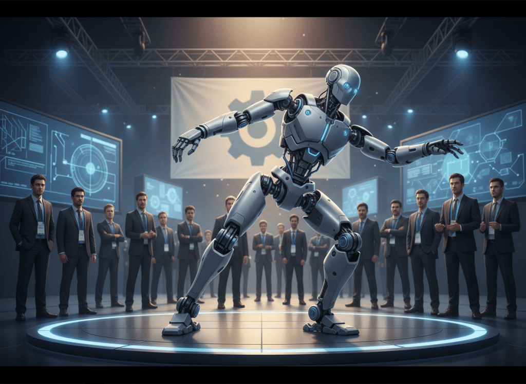 Open-source humanoid robot recovering its balance during a robotics conference demonstration.