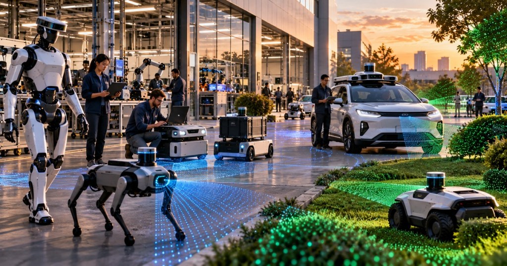 Photorealistic editorial scene of humanoid robots, autonomous mobile robots and a lidar-equipped vehicle operating around a modern robotics lab with point-cloud perception visualizations.