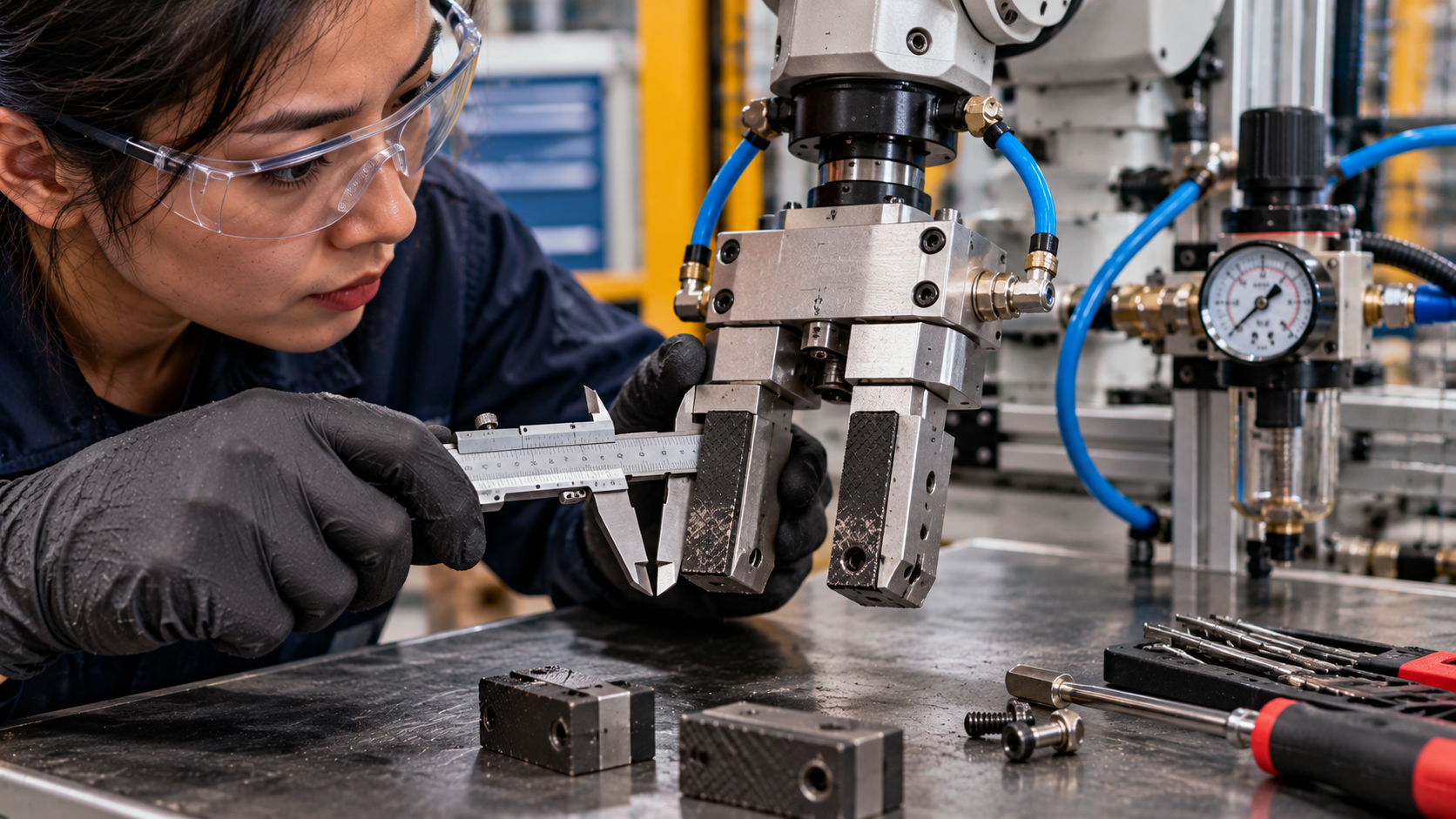 Illustrative close-up of technician examining pneumatic gripper jaw wear