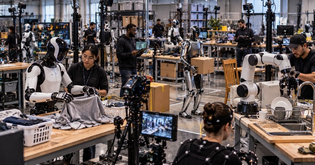 Engineers and humanoid robots working inside a large physical AI training facility with household task stations, cameras and motion-capture equipment.