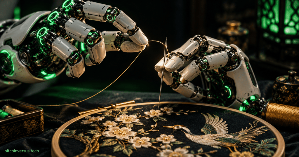 Artistic illustration of a robotic hand threading silk into traditional embroidery