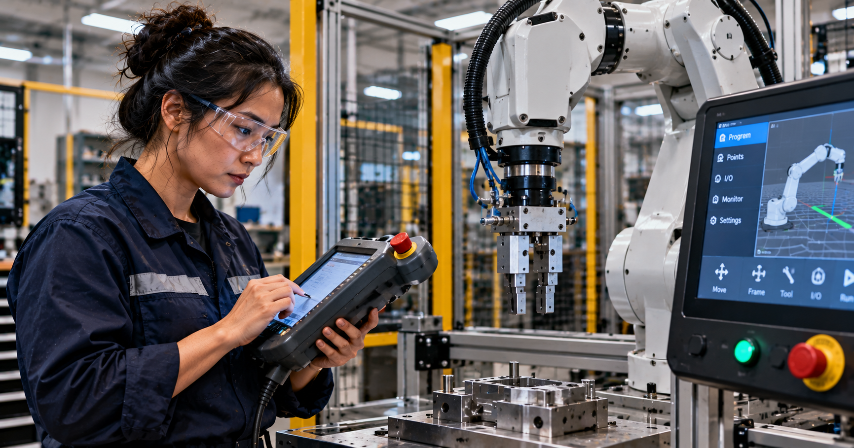 Illustrative robotics technician with teach pendant next to industrial gripper