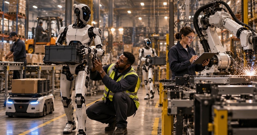 Editorial illustration of human technicians working alongside a humanoid robot, automated warehouse vehicle, and industrial robot arm on a factory floor.