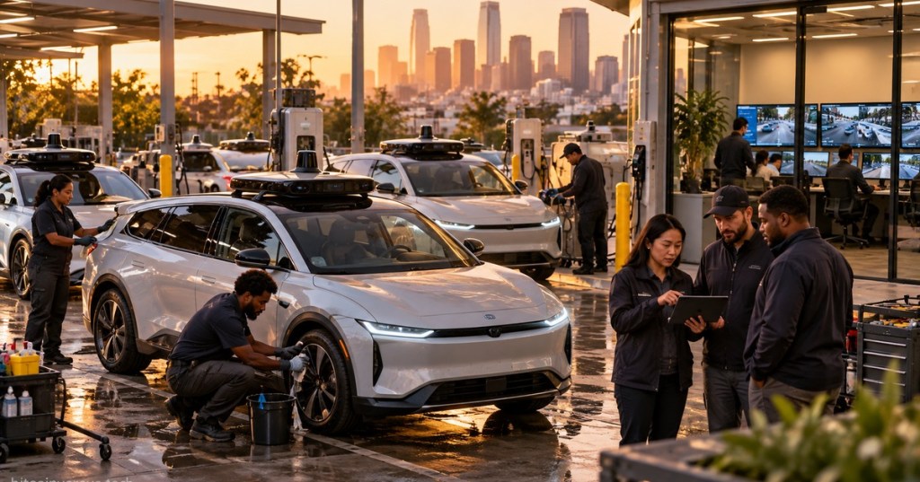 Photorealistic autonomous vehicle depot with diverse technicians servicing robotaxis, charging vehicles and monitoring fleet operations