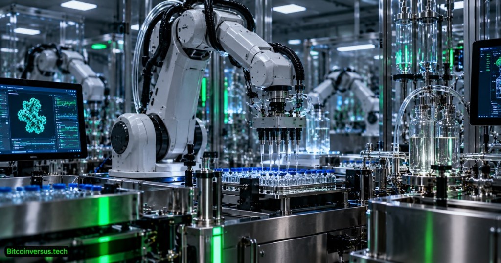 Realistic editorial cover of autonomous robotic arms operating sterile biomanufacturing equipment, with only a small neon-green Bitcoinversus.tech tag at bottom left.