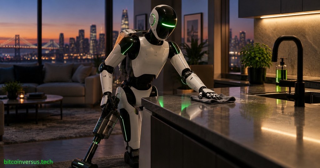 Humanoid robot cleaning a modern San Francisco apartment with vacuum and cloth, dark cinematic style with neon-green accents.