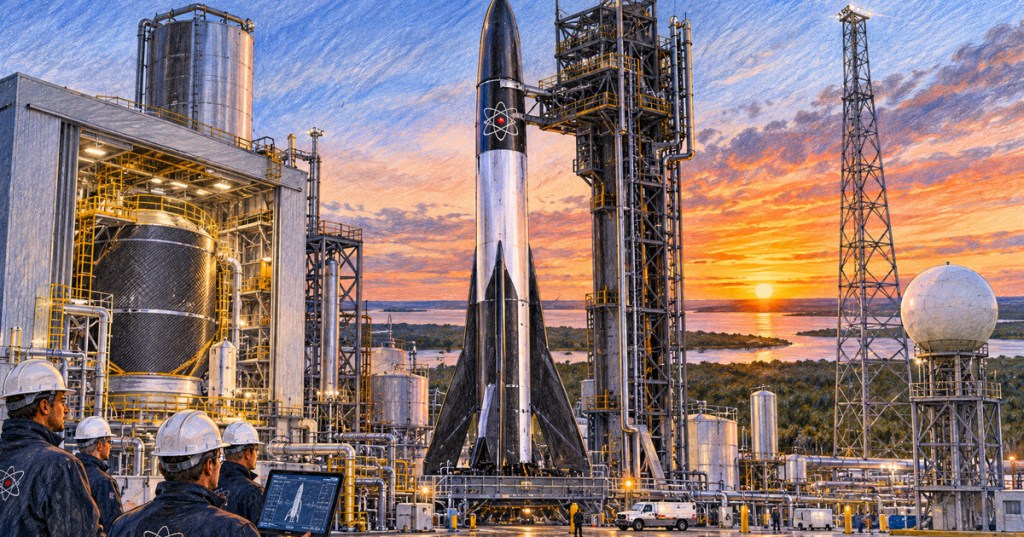 Detailed realistic color-pencil illustration of a reusable medium-lift rocket at a coastal launch complex with engineers, tanks, piping and launch infrastructure at sunset.