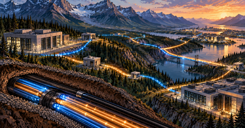 Wordless comic-style illustration of redundant fiber-optic routes connecting data centers across a mountainous Western Canadian landscape.