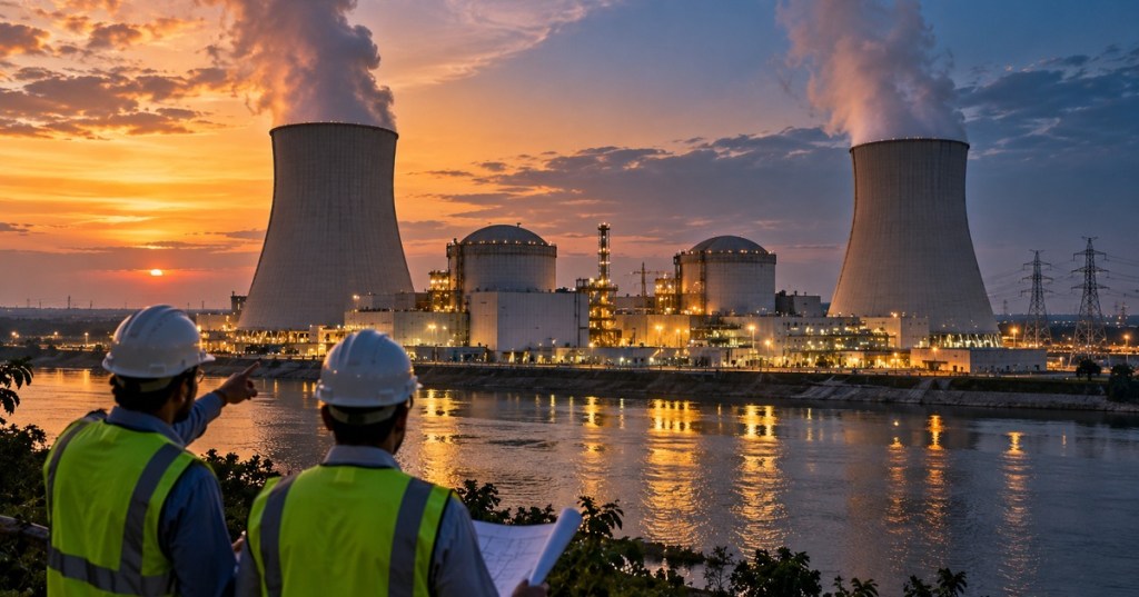 Original realistic editorial illustration of engineers in hard hats overlooking a riverside nuclear power station at dusk