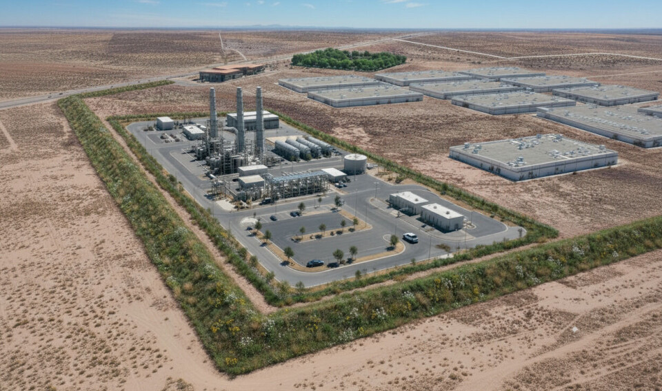 Architectural rendering of the proposed Roswell Information Park with industrial generation facilities and nearby data center halls