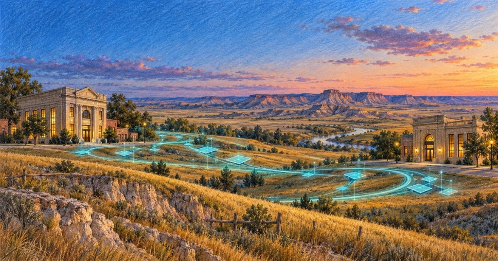 Original color-pencil illustration of prairie community banks connected by abstract digital settlement pathways.
