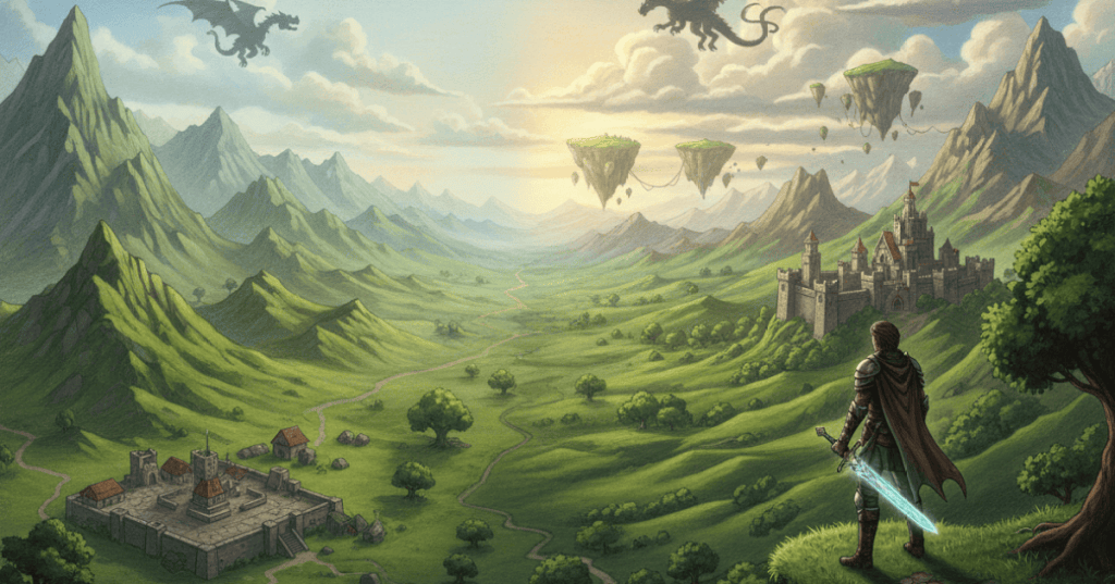 A fantasy MMORPG landscape transitioning from older low-poly graphics into a richly detailed modern 3D world.