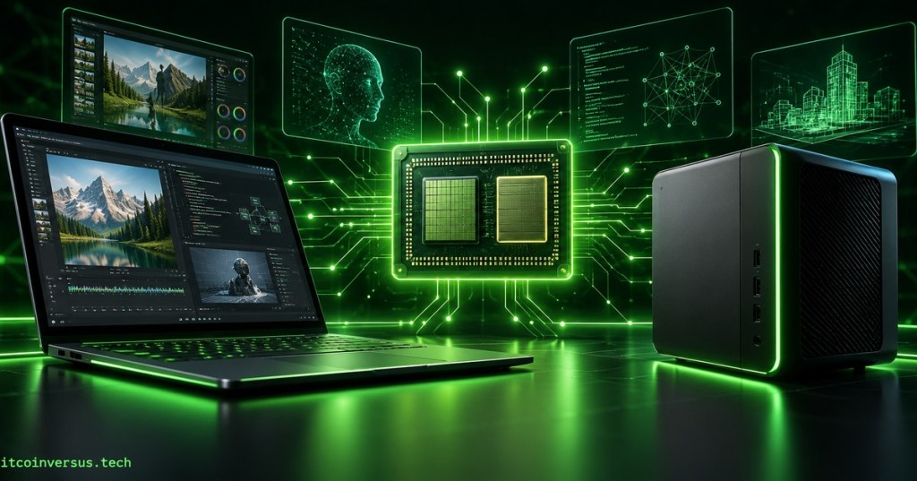 Futuristic local AI laptop, compact PC, and glowing processor in a neon green BitcoinVersus.Tech scene